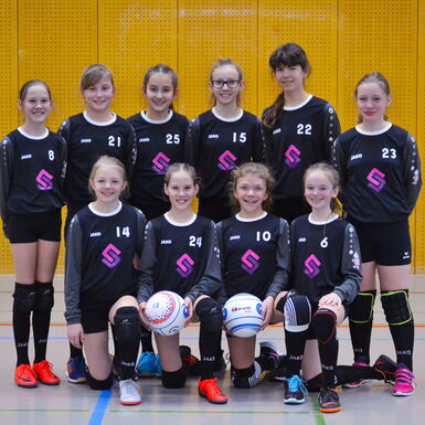 Die Mädchen-Faustballmannschaft (U12) des TV Jahn Schneverdingen präsentieren in der Sporthalle die neuen Trikots mit dem Stadtwerke-Logo.